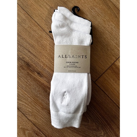 AllSaints Other - AllSaints Mens 3 Pack Crew Socks White Ramskull Logo Cotton Blend Size 7-13 NEW
